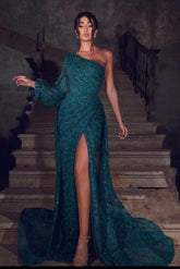 Bmbridal Long Sleeves Dark Green Prom Dress Lace Sequins With Split